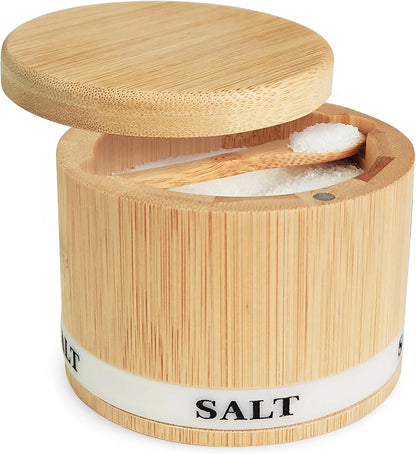Salt and Pepper Bowls Bamboo Pepper Salt Box with Swivel Lid and Spoon 2 Piece Set Salt and Pepper Cellar to Easily Open and Seal with 2 Spoon Storage Spice Pepper Salt Container