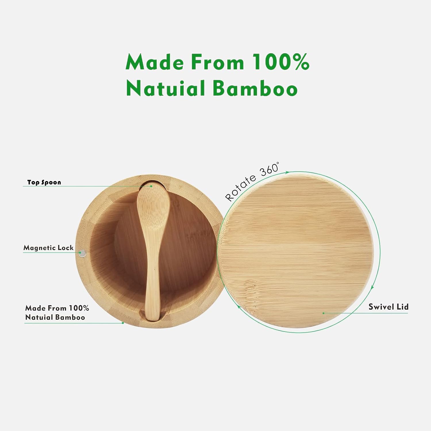 Salt and Pepper Bowls Bamboo Pepper Salt Box with Swivel Lid and Spoon 2 Piece Set Salt and Pepper Cellar to Easily Open and Seal with 2 Spoon Storage Spice Pepper Salt Container