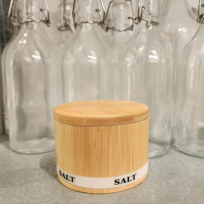 Salt and Pepper Bowls Bamboo Pepper Salt Box with Swivel Lid and Spoon 2 Piece Set Salt and Pepper Cellar to Easily Open and Seal with 2 Spoon Storage Spice Pepper Salt Container