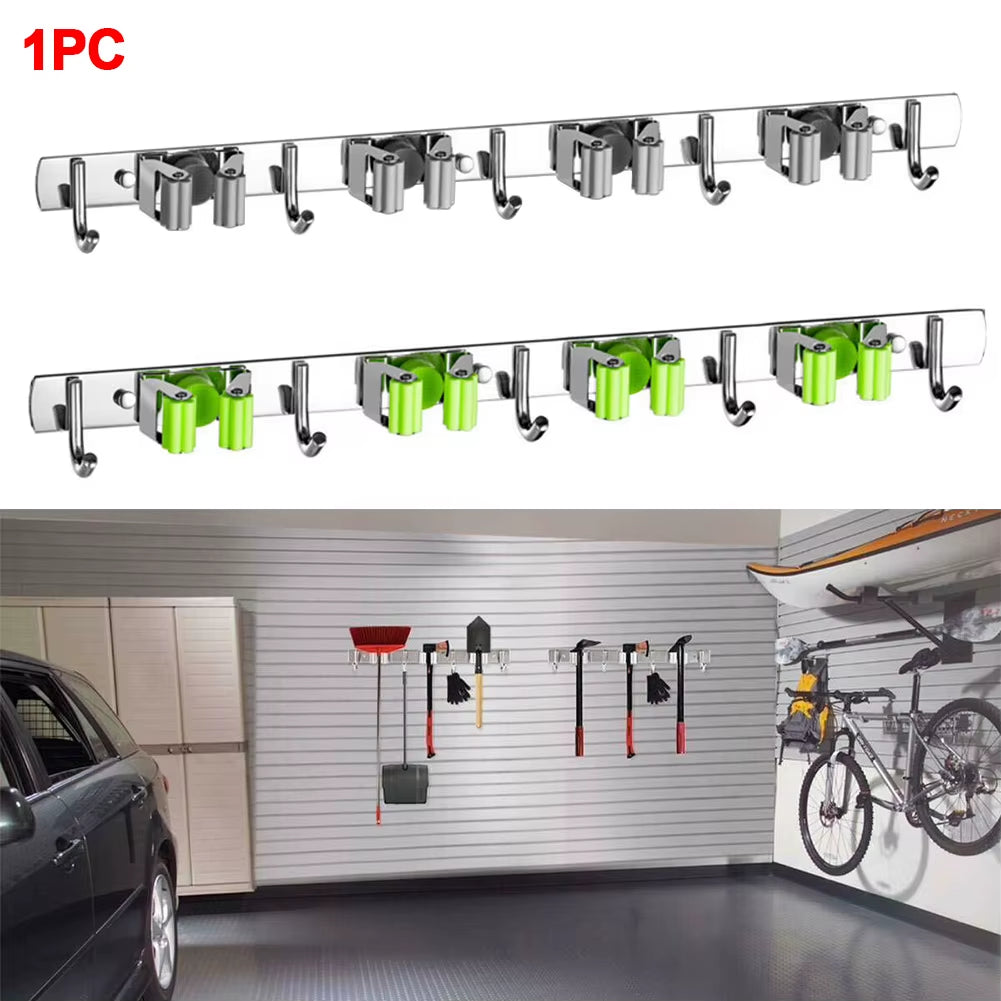 GripLock™ Stainless Steel Wall Mount Mop & Broom Holder – Space-Saving Hook for Kitchen & Bathroom Organization